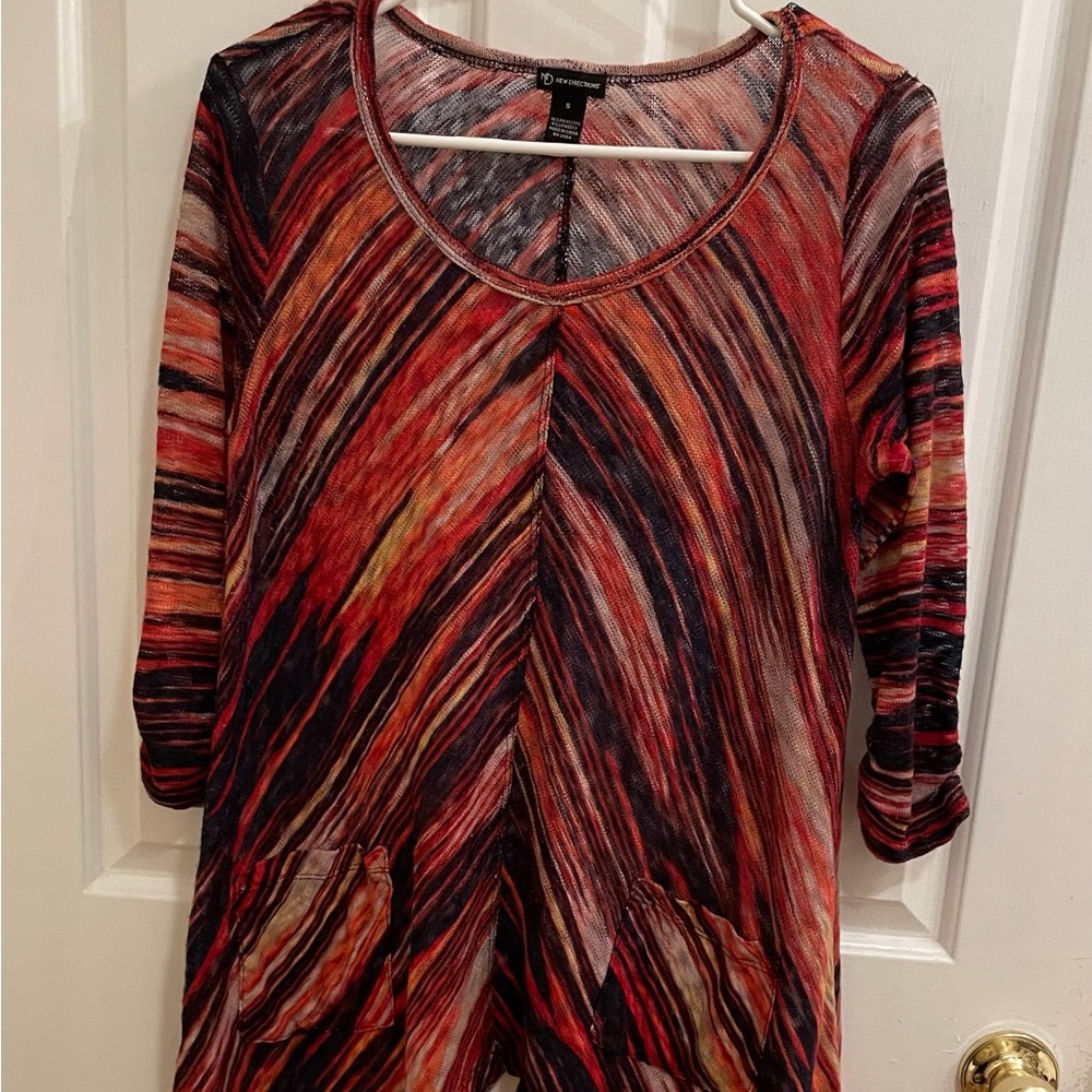 6/$20 New Directions Lightweight Sweater, Navy, Orange, Red, Ruched Sleeves, EUC